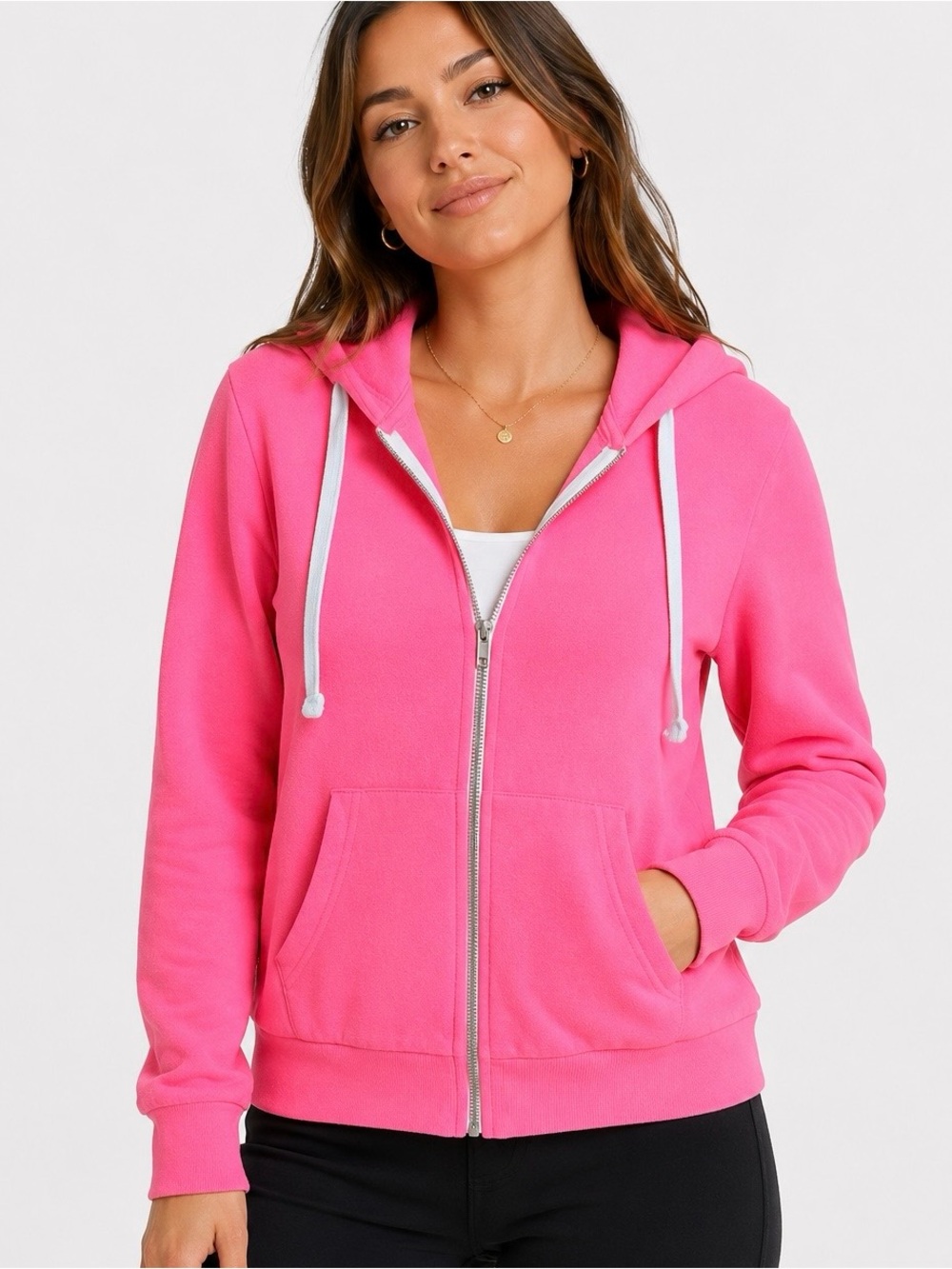 Esstive Hot Pink Zip Up Hoodie XL Neon Pink Fleece Lined Sweatshirt